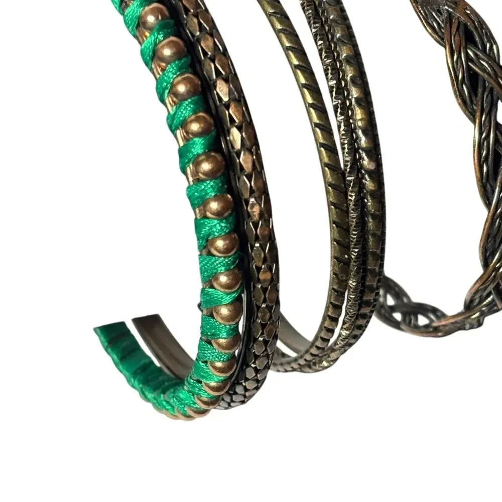 Mixed Brass Tone Bangle Bracelet Lot of 5 Stack Green Wrapped Braided Textured